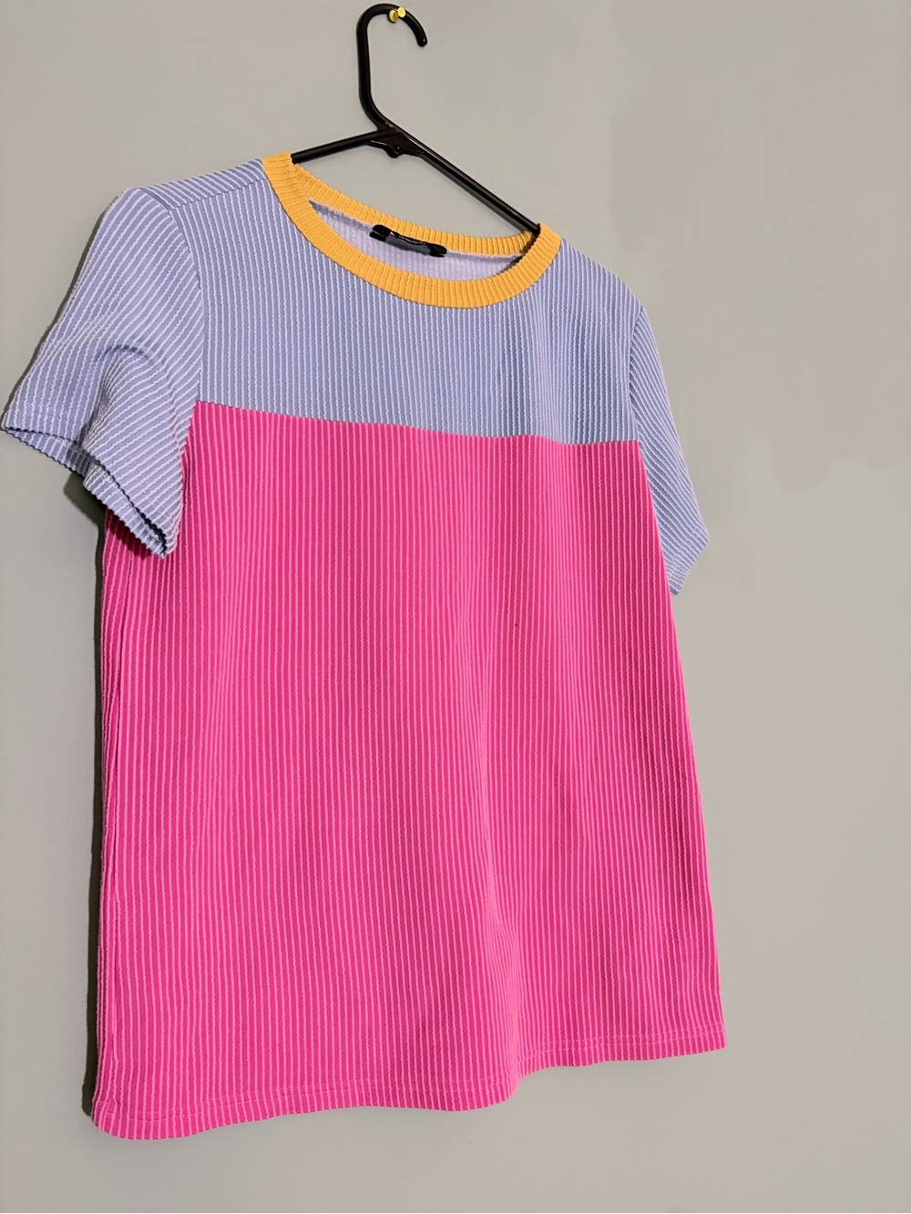 Colorblock Short Sleeve Ribbed Top - Pink/Light Blue with Yellow Trim